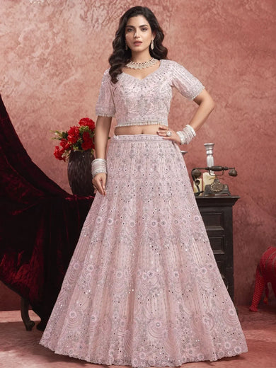 Sensual Baby Pink Mirror Work Net Bridal Wear Lehenga Choli - Ethnic Plus In